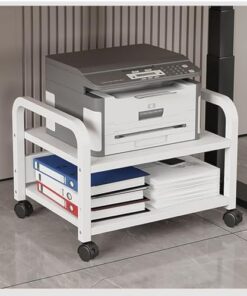 Support d'imprimante mobile à 2 niveaux, organisateur de fichiers, support multimédia audio vidéo, étagère multifonctionnelle en bois sur pied pour bureau à domicile avec roulettes, cadre en