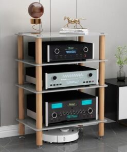 Étagères HiFi 3/4 Niveaux, Meuble de Rangement multimédia, étagères en Verre trempé, Pieds en Bois Massif Absorbant Les Chocs pour armoires Audio (Blanc, 4 Niveaux)