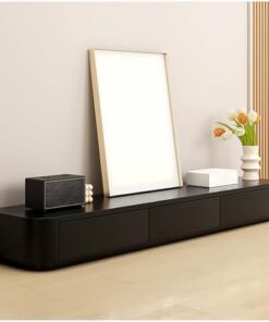 Meuble TV noir avec tiroirs de rangement et dos creux, meuble TV sur pied, console multimédia de centre de divertissement moderne, plateaux TV en bois, table TV pour salon, chambre (140x24x2