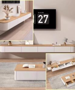 Grand meuble TV flottant à fixation murale avec plusieurs compartiments de rangement pour salon et chambre à coucher (blanc marron, 120 x 20 x 24 cm)