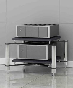 Meuble Audio sur Pied avec Pieds amortisseurs Argenté Support multimédia AV à 2 Niveaux Meuble stéréo Multifonction 27,5 x 27,5 x 19,6 Pouces