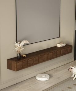 Meuble TV Flottant Moderne en Bois Massif avec Porte et tiroirs Console multimédia de Divertissement Murale pour Grand Rangement Noyer 160x20x27CM