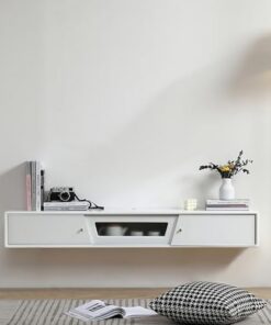 Meuble TV Flottant Moderne avec tiroirs et Porte Console multimédia Murale en Bois pour Chambre à Coucher, Salon, Couloir, Petit Centre de Divertissement (Blanc 140 x 24 x 20 cm)