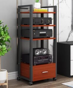 Meuble TV réglable à 4 Niveaux avec roulettes et Pieds - Support pour Platine Vinyle, Console de Jeux, Lecteur DVD, projecteur - Design en métal et Bois, Meuble multimédia