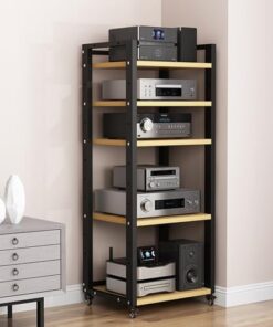 Support multimédia audio-vidéo moderne avec étagère en bois réglable en hauteur, armoire AV ouverte, armoire de rangement multimédia pour composants stéréo de divertissement pour le salon, l