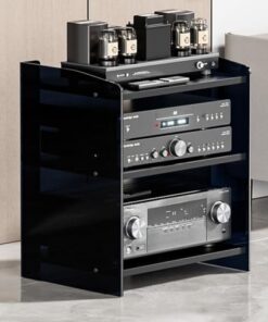 Meuble de Rangement Audio/vidéo en Acrylique, Tour Audio d'angle, étagères réglables, Support HiFi pour la Maison et Le Bureau, 3/4 Couches (foncé + Noir, 3 Niveaux)