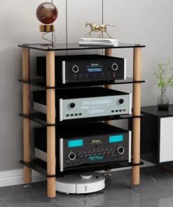 Étagères HiFi 3/4 Niveaux, Meuble de Rangement multimédia, étagères en Verre trempé, Pieds en Bois Massif Absorbant Les Chocs pour armoires Audio (Noir, 4 Niveaux)