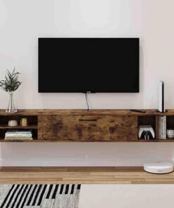 Meuble TV pour centre de divertissement, console TV moderne, support TV flottant, fixation murale avec porte à rabat, support TV mural très brillant avec rangement ouvert pour salon, chambre