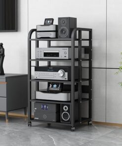 Chariot de rangement mobile multifonction à 5 niveaux, support pour lecteur DVD, CD, amplificateur, composant audio et vidéo, support multimédia avec 5 étagères en bois pour la maison/le bur