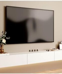 Meuble TV flottant blanc avec tiroirs, support TV de rangement mural, table TV en bois massif, console multimédia moderne avec trou de routeur et dos creux, longue étagère TV pour salon (bla