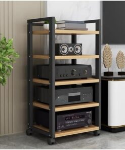 Meuble stéréo AV Rack avec étagères réglables - Meuble stéréo d'angle en Bois à 5 Niveaux sur roulettes pour Support de Tourne-Disque, Lecteur CD/DVD - Multifonctionnel