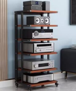 Meuble Audio AV, Meuble pour Composants Audio, Support HiFi, Support pour amplificateur, étagère pour Console de Jeux vidéo, Support de Rangement Ouvert Multifonction (Bois de Teck, 6 Niveau