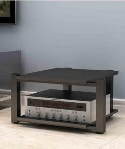 Support multimédia AV Couleur Bois à 4 Niveaux avec étagères de Rangement - Support de Rack Audio Tour Étagère d'angle idéale pour Le cinéma Maison et Les centres de Divertissement