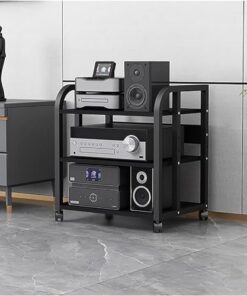 Support multimédia AV pour lecteur CD, système de rack stéréo domestique avec étagère et roulettes réglables en hauteur, armoire de composants audio/vidéo robuste pour amplificateurs/lecteur