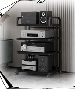 Étagère stéréo 3, 4 ou 5 Niveaux, Support multimédia AV, Support d'amplificateur HiFi, Meuble Audio/vidéo avec roulettes de Frein et étagère de Rangement Ouverte (Noir, 4 Niveaux, 85 cm)