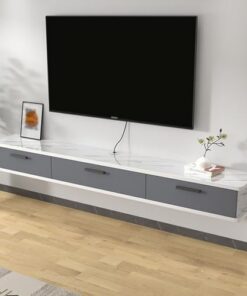Étagère Murale Flottante pour téléviseur - Console de Rangement Longue avec Porte Rabattable pour Salon, Table TV Murale Moderne (Rayures Grises Blanches 200 x 22 x 20 cm)