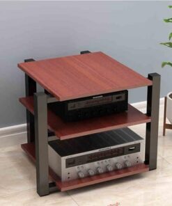 Support multimédia AV Couleur Bois à 4 Niveaux avec étagères de Rangement - Support de Rack Audio Tour Étagère d'angle idéale pour Le cinéma Maison et Les centres de Divertissement