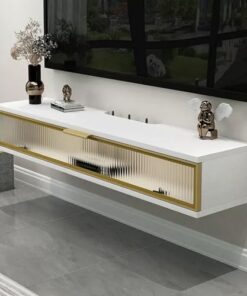 Petit meuble TV, console TV flottante, centre de divertissement, meuble TV avec porte en verre rabattable, pour chambre à coucher, salle multimédia, petit salon (couleur : noir-A, taille : 8