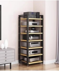 Meuble de rangement multimédia stéréo à 7 niveaux de 140 cm/55 pouces de haut, support audio vidéo, support ouvert pour haut-parleur, amplificateur, tourne-disque avec étagères/roues réglabl