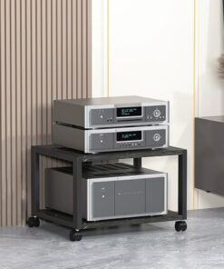 Support multimédia AV avec roulettes pour Tourne-Disque DVD CD Audio Rack Tour Support Composants stéréo Étagère de Divertissement (Noir) Idéal pour Le Bureau à Domicile et Le cinéma 50x40x4