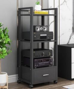 Étagère réglable à 4 Niveaux avec roulettes et Pieds - Support multimédia Robuste pour Platine Vinyle, Console de Jeux, Lecteur DVD et projecteur - Meuble en métal et Bois