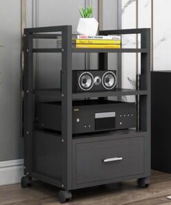 Support de Tourne-Disque à roulettes, Meuble stéréo d'angle à 3 Niveaux pour projecteur/TV/routeurs/Enceintes, étagère de Rangement multimédia réglable en Hauteur (C)