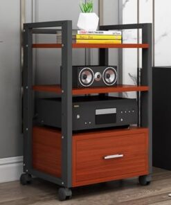 Support de Tourne-Disque à roulettes, Meuble stéréo d'angle à 3 Niveaux pour projecteur/TV/routeurs/Enceintes, étagère de Rangement multimédia réglable en Hauteur (D)