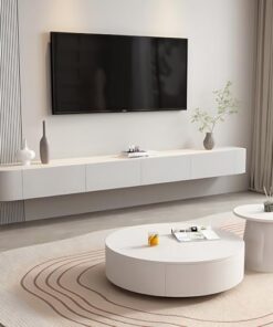 Meuble de Rangement Mural pour téléviseur Meuble TV élégant avec tiroirs pour Salon et Bureau Console multimédia Flottante en Bois Massif (Blanc, 140 cm)