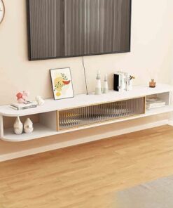 Console multimédia flottante, meuble TV mural, clapier de rangement sous TV, avec compartiment de rangement ouvert, porte rabattable, console multimédia, pour salon chambre, facile à nettoye