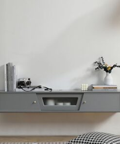 Meuble TV Mural Flottant Moderne Gris avec tiroirs et Porte Petit Centre de Divertissement pour Chambre à Coucher, Salon, Couloir, Console multimédia en Bois 140 x 24 x 20 cm