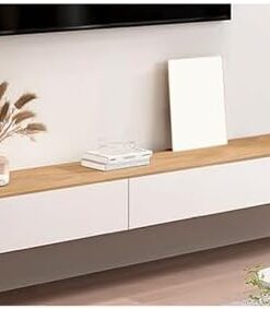 Meuble TV flottant blanc, étagère TV murale avec tiroirs de rangement, console TV moderne, meuble TV en bois massif, console multimédia de centre de divertissement, table TV pour salon (natu