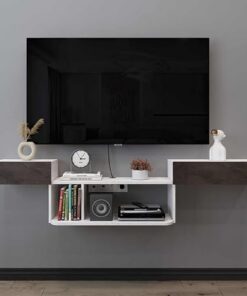 Console centrale de divertissement flottante moderne, armoires de rangement, console multimédia avec porte à rabat, meuble TV flottant moderne avec rangement ouvert pour la maison et le bure