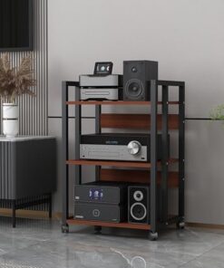 Support multimédia audio-vidéo moderne avec étagères en bois réglables en hauteur, armoire de rangement multimédia d'angle mobile à 3/4/5 niveaux pour composants stéréo de divertissement (C,