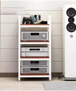 Étagère audio vidéo à 4 niveaux, étagère d'angle en bois, support multimédia, support d'amplificateur de haut-parleur stéréo, centre de divertissement de cinéma maison de bureau avec étagère