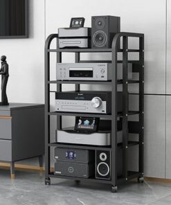 Meuble multimédia à 5 niveaux pour composants audio/vidéo, support audio, support pour CD, support d'angle, meuble pour composants, support stéréo, tour audio, étagère de rangement ouverte m