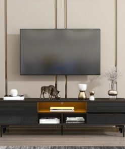 Meuble TV LED, Meuble TV de Divertissement pour téléviseurs jusqu'à 75 Pouces Smart TV, Meuble multimédia pour Console TV, Panneau de tiroir Brillant et Pieds en métal, télécommande