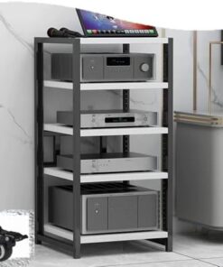 Support multimédia multicouche, support multimédia d'angle moderne à 5 niveaux avec roue de frein, armoire tour audio pour composants stéréo, support de rack d'armoire AV élégant pour le div