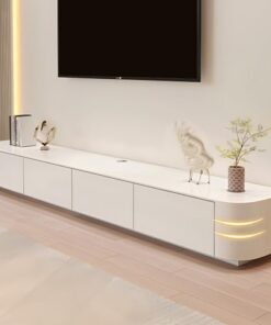 Meuble TV sur Pied, Console multimédia de Salon, Meuble TV en Bois pour Grands écrans, Meuble TV avec étagères et Portes, Meuble TV Moderne avec Rangement (Blanc, 160 cm)