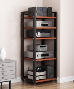 Support stéréo, étagère audio-vidéo, support pour tourne-disque, support multimédia AV, armoire stéréo avec roulettes, support stéréo réglable à 5/6/7/8 niveaux pour cinéma à domicile, noyer