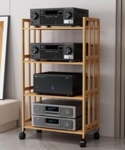 Support multimédia AV à 2/3/4/5 Niveaux, Support Audio pour Lecteur CD, Armoire de Rangement Mobile en Bambou Naturel pour Composants stéréo avec étagère en Bois réglable en Hauteur pour la