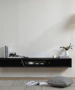 Meuble TV Mural Moderne en Bois Noir avec tiroirs et Porte pour Chambre à Coucher, Salon, Couloir, Petite Console multimédia Flottante (160 x 24 x 20 cm)