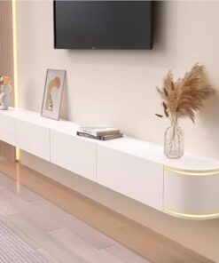 Meuble TV flottant à fixation murale, (support TV flottant, meuble TV mural avec porte, console multimédia TV avec trous de câble, meuble TV flottant, étagères de rangement, grand banc TV pour Li