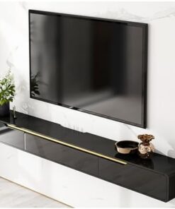 Meuble TV Moderne avec tiroirs et Porte, Centre de Divertissement Mural, Meuble de Console multimédia Flottant, Longs Supports de télévision avec Surface Peinte Brillante, pour Salon (Noir,