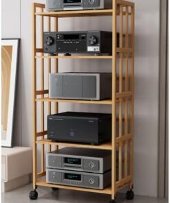 Support multimédia AV à 2/3/4/5 Niveaux, Support Audio pour Lecteur CD, Armoire de Rangement Mobile en Bambou Naturel pour Composants stéréo avec étagère en Bois réglable en Hauteur pour la