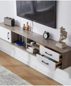 Meuble TV Flottant Meuble de télévision Flottant Console multimédia Autonome avec tiroirs et Compartiments Ouverts pour Le Salon (Gris + Blanc)