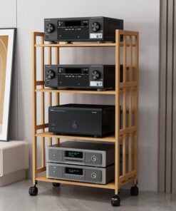 Générique Meuble de Support multimédia AV sur Pied avec roulettes, Support multimédia Audio-vidéo Robuste à 2/3/4/5 Niveaux avec étagère réglable, Armoire de Rack de Composants stéréo, Naturel, l 24″