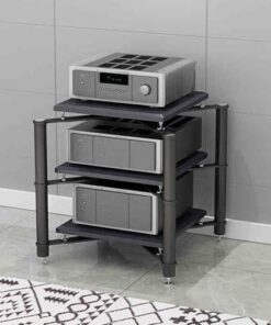 Meuble Audio Noir à 3 Niveaux pour Composants, Meuble stéréo sur Pied pour Supports Audio/vidéo, Support multimédia AV Multifonction avec Pieds amortisseurs 27,5 x 27,5 x 29,5 Pouces