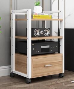 Support d'angle pour lecteur CD avec roulettes universelles, meuble AV robuste sur pied, étagères de rangement pour amplificateur stéréo avec tiroir, support audio pour haut-parleurs AV pour