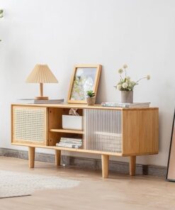 Meuble TV en Bambou pour Salon, Portes coulissantes, Trou de Gestion des câbles, étagère réglable, Console TV pour téléviseurs jusqu'à 55 Pouces (Taille : 1,2 m)