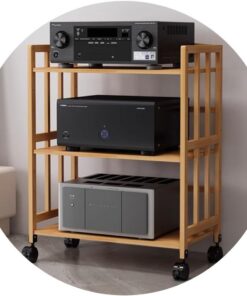 Meuble audio HiFi - Rack en bambou pour équipement stéréo, étagère AV avec rouleau, design robuste pour composants audio et vidéo